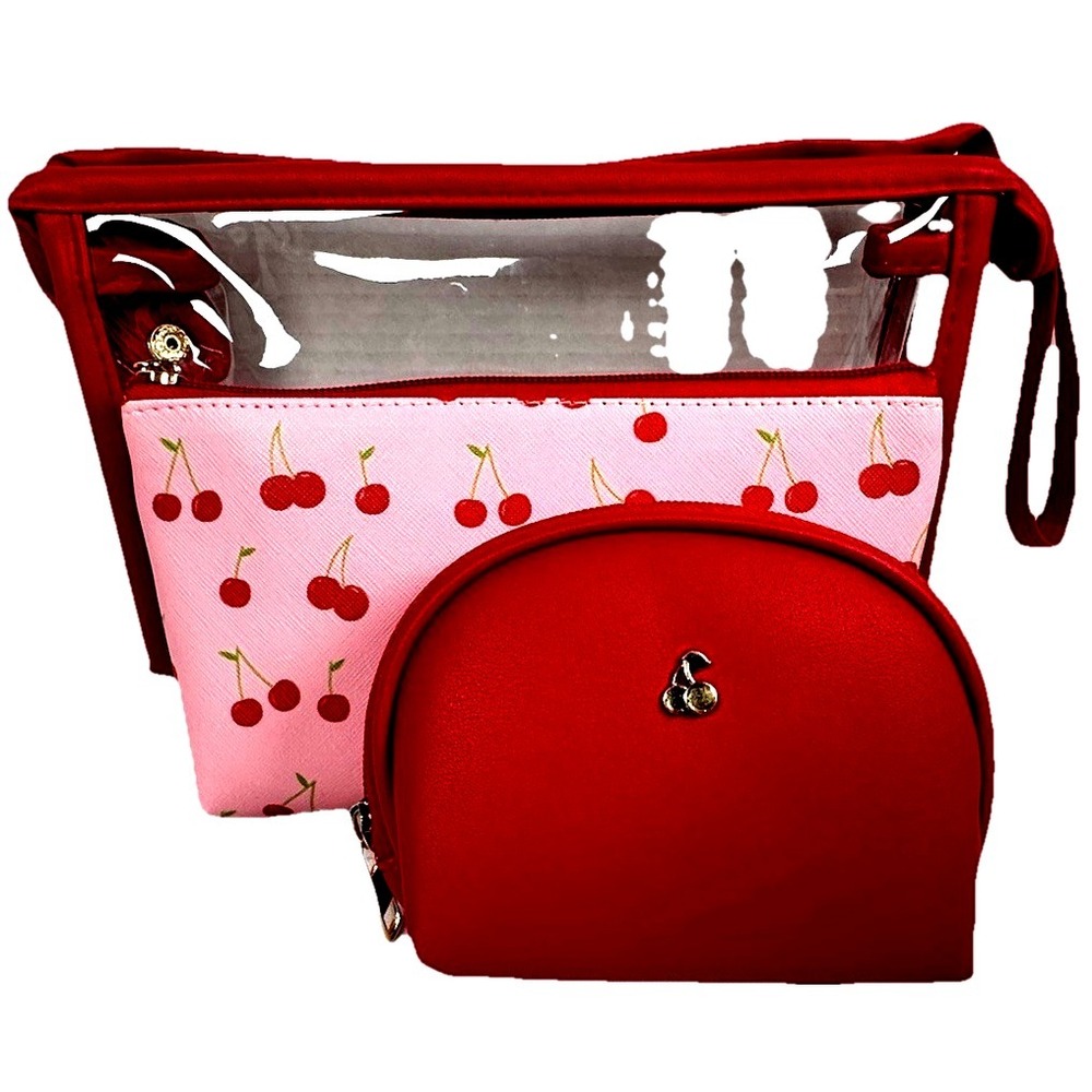 Chic Unlimited 3 Pc Cosmetic Bag Set Clear Cherry Travel Makeup Pouch New